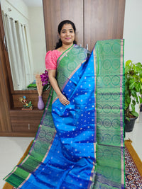 Classic Kanjivaram Pattern Pure Handloom Soft Silk Saree - Copper Sulphate Blue with Green