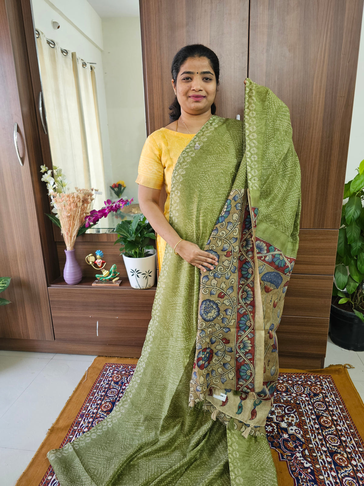 Linen Cotton with Kalamkari Pallu - Green