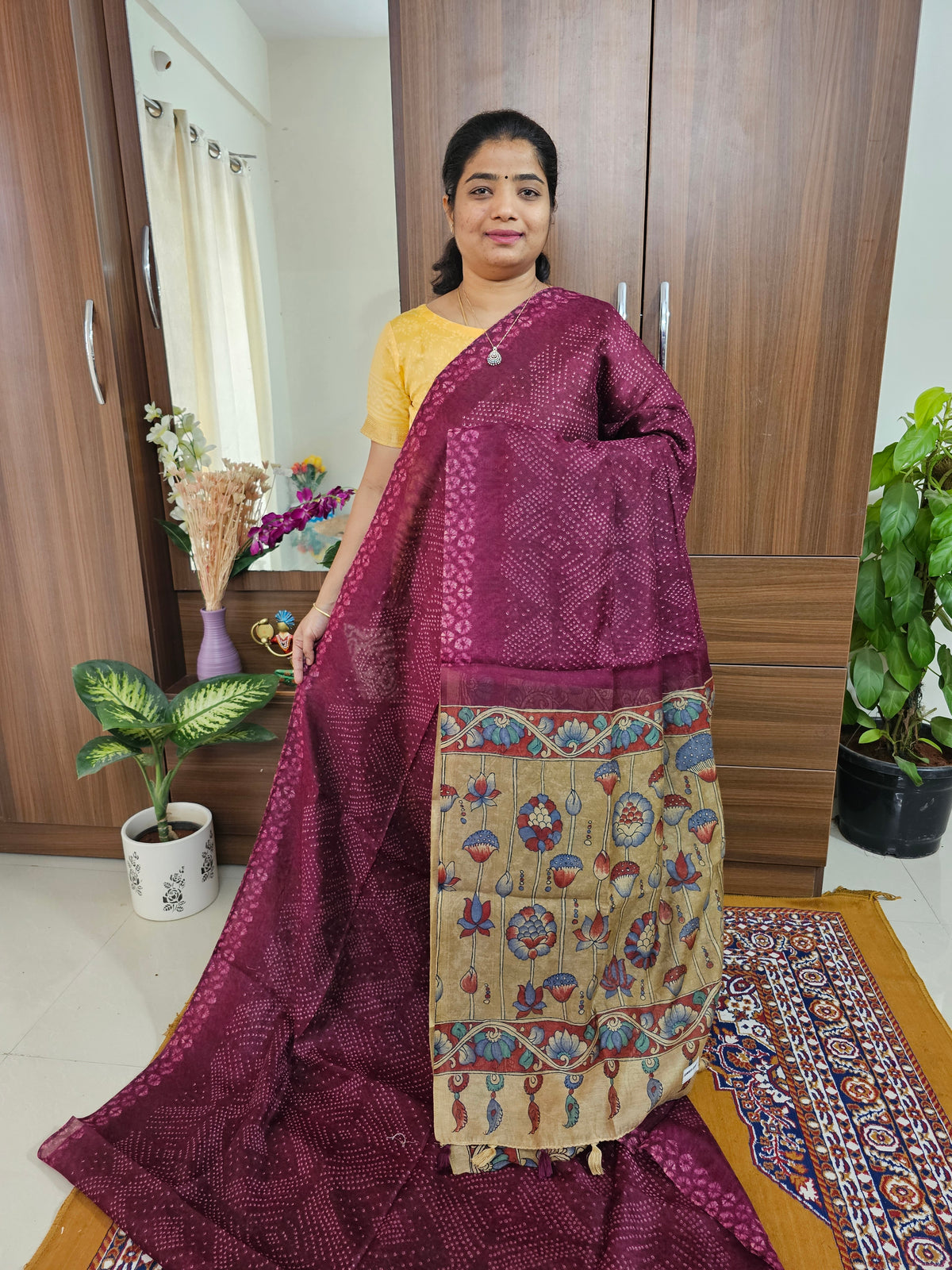 Linen Cotton with Kalamkari Pallu - Beetroot