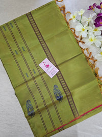 Reddish Pink with Dual Shade Green cum Yellow Pallu Handwoven Chinnalampattu Saree