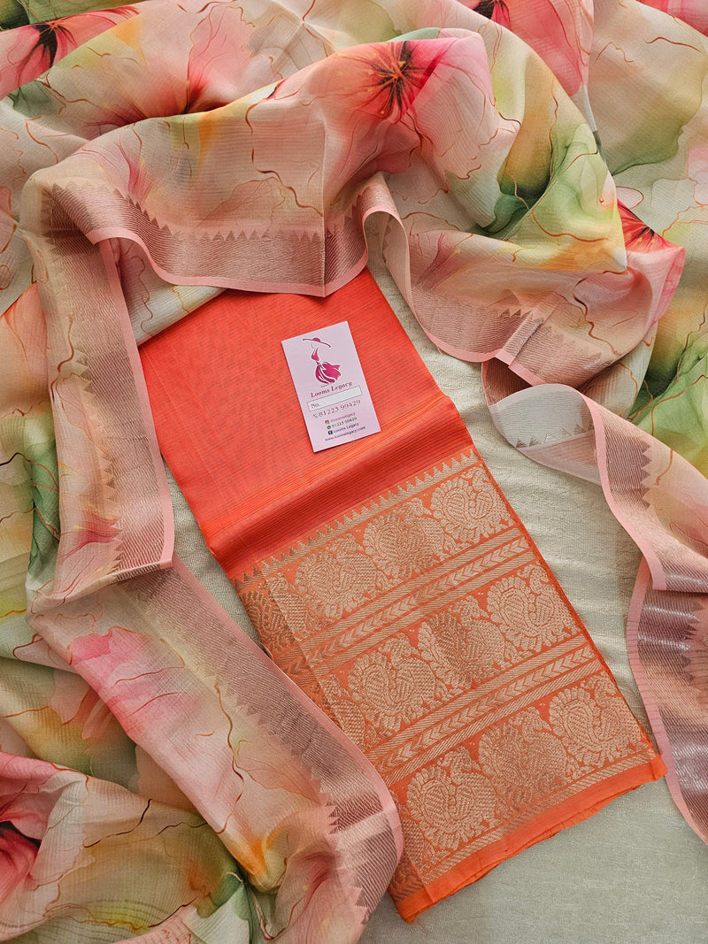 Mangalagiri Pattu Unstitched Suit - Orange