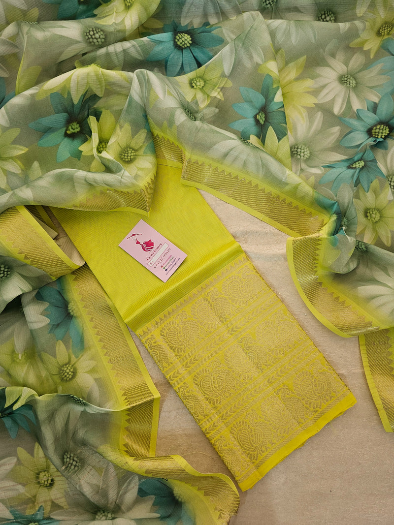 Mangalagiri Pattu Unstitched Suit - Neon Green