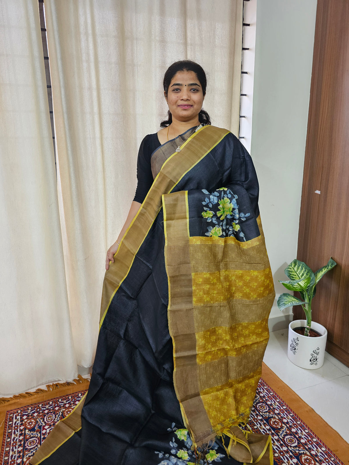 Black with Yellow Handwoven Tussar Silk Saree with Zari Border