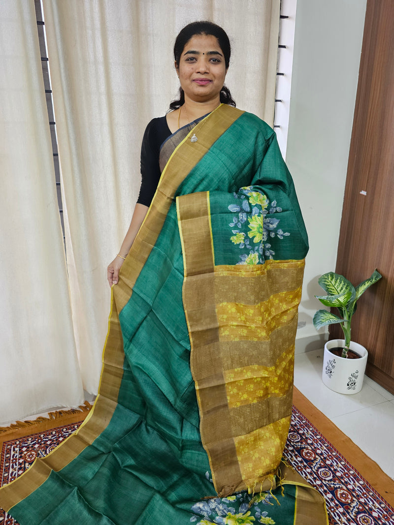 Green with Yellow Handwoven Tussar Silk Saree with Zari Border