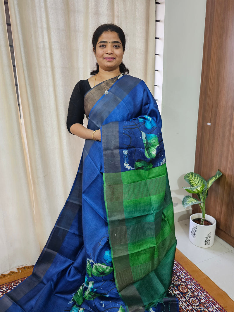 Blue with Green Handwoven Tussar Silk Saree with Zari Border