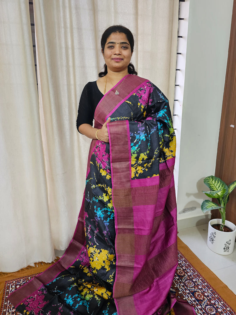 Black with Pink Handwoven Tussar Silk Saree with Zari Border