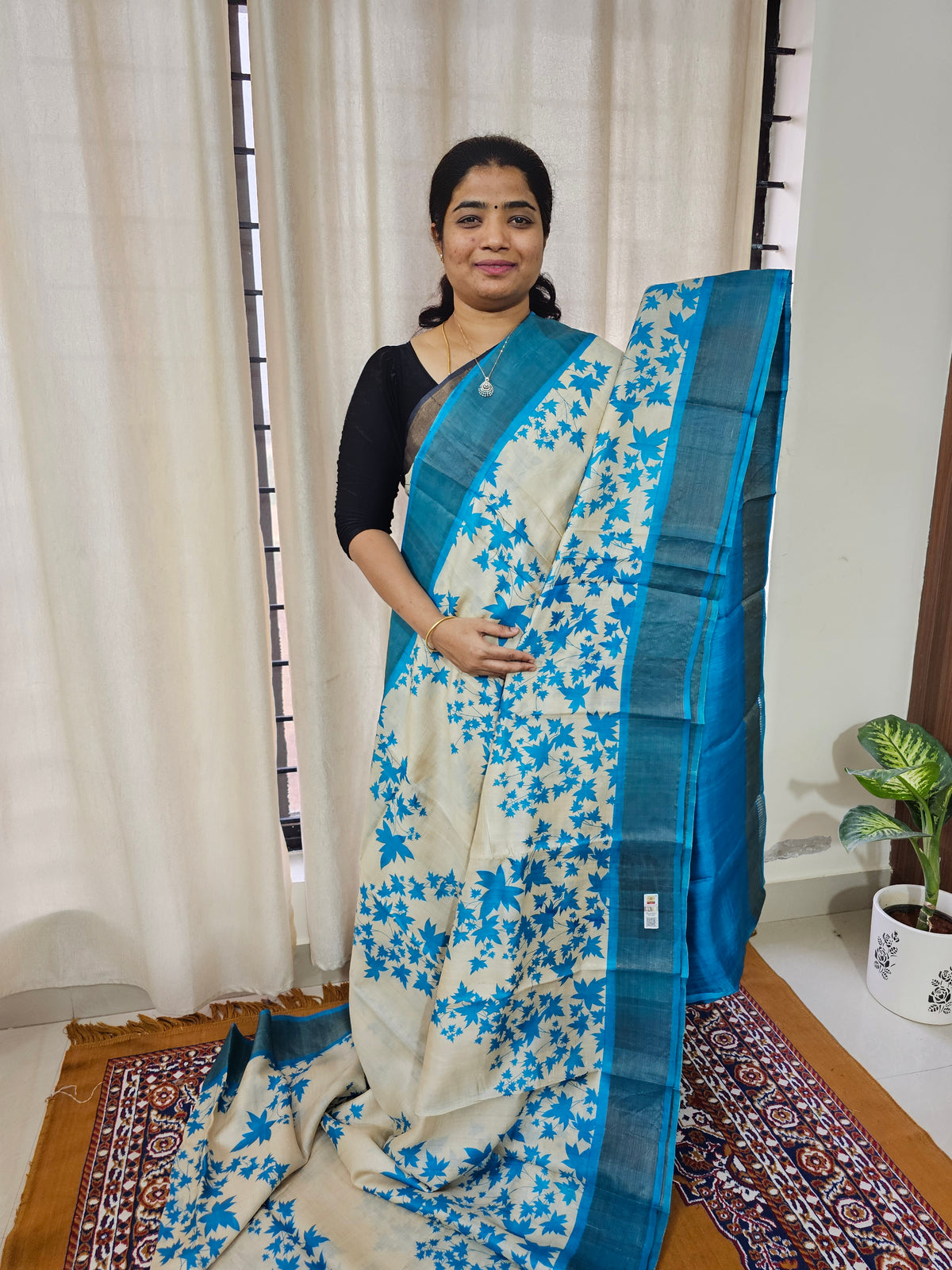 Off-white with Blue Handwoven Tussar Silk Saree with Zari Border