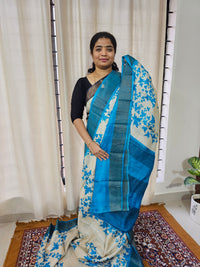 Off-white with Blue Handwoven Tussar Silk Saree with Zari Border