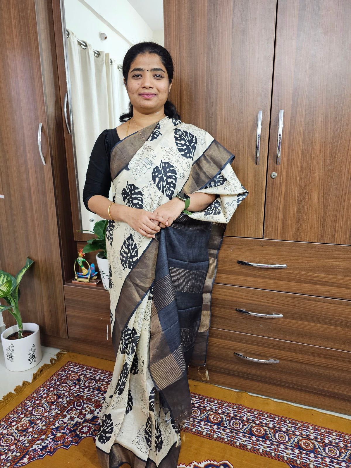 Black and White Handwoven Tussar Silk Saree with Zari Border