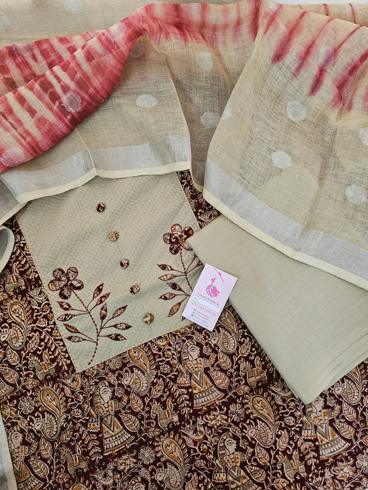 Kalamkari Soft Cotton Unstitched Salwar Suit - Marron with Cream