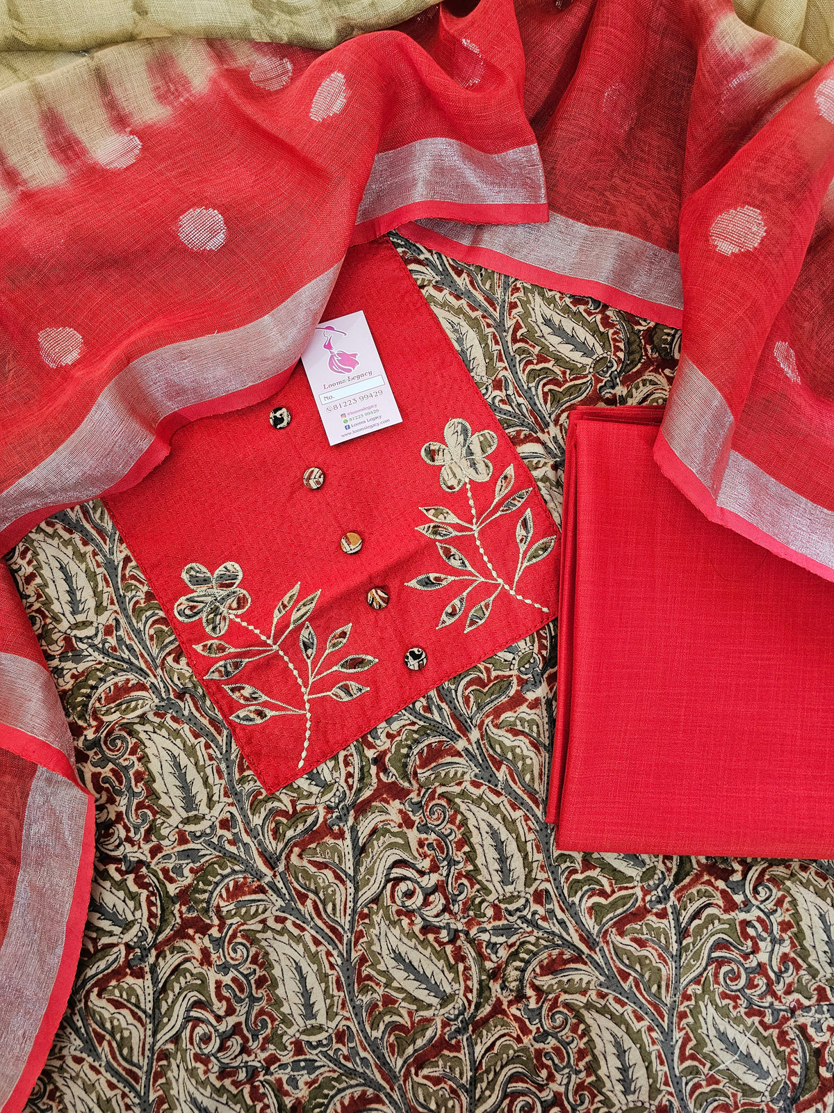 Kalamkari Soft Cotton Unstitched Salwar Suit - Red with Cream