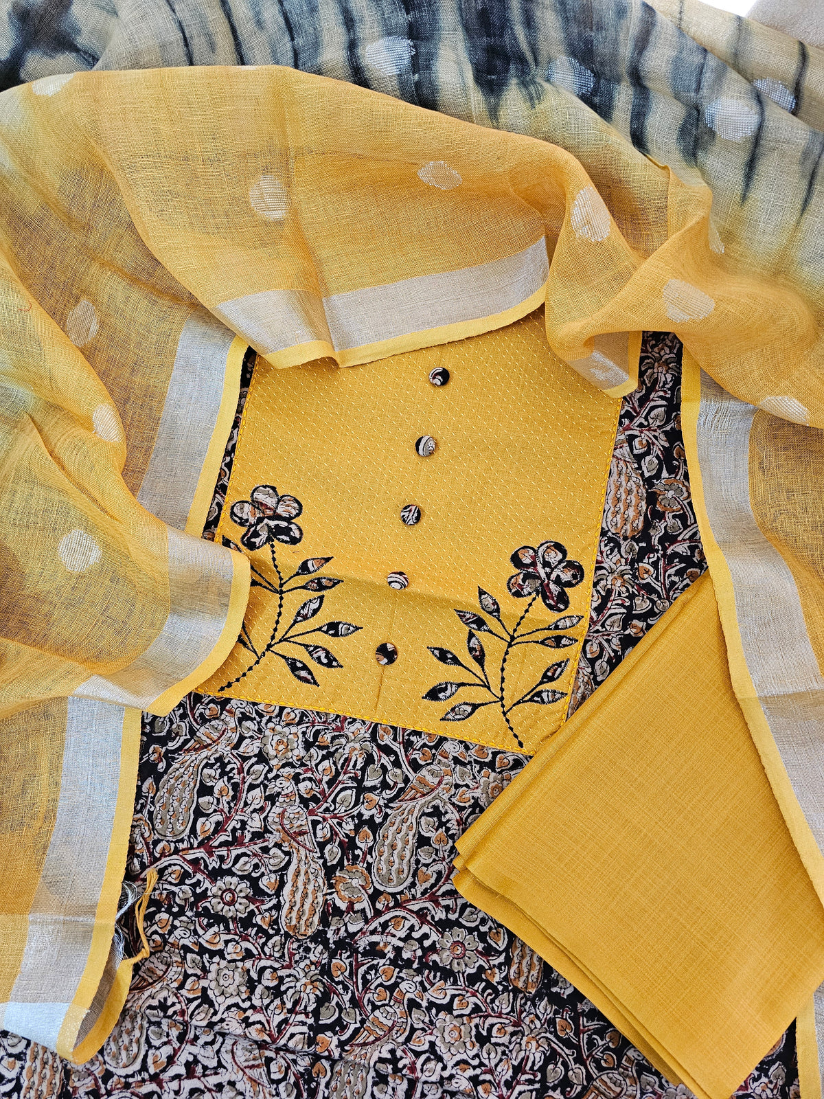 Kalamkari Soft Cotton Unstitched Salwar Suit - Sandal Yellow with Cream