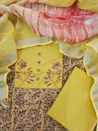 Kalamkari Soft Cotton Unstitched Salwar Suit - Yellow with Cream