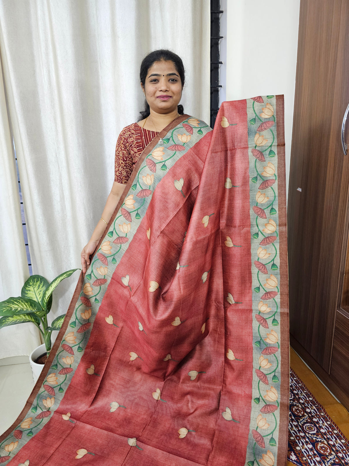 Semi Tussar with Striped Zari Weaving Saree - Maroon with Grey