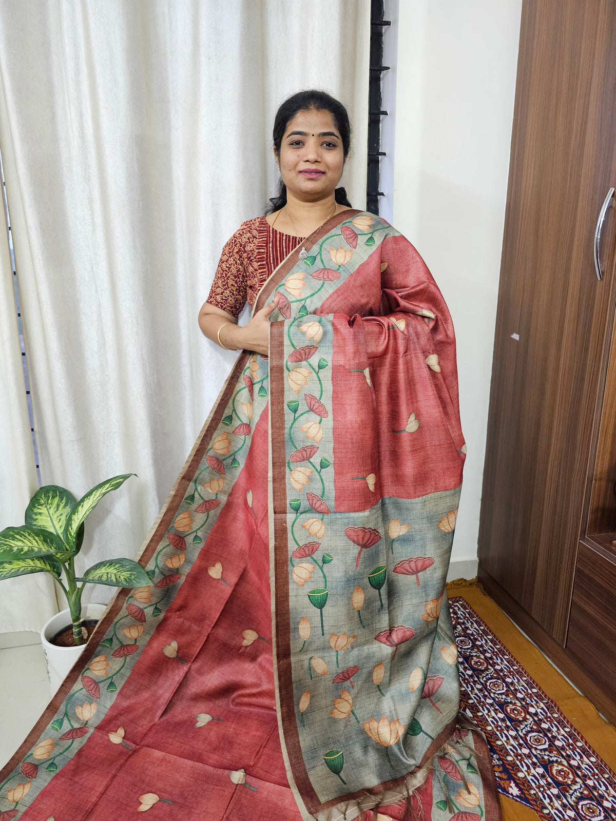 Semi Tussar with Striped Zari Weaving Saree - Maroon with Grey