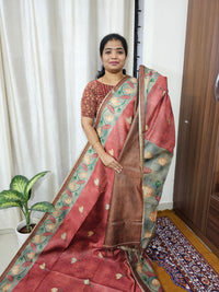 Semi Tussar with Striped Zari Weaving Saree - Maroon with Grey