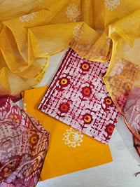 Cotton Hand Block Printed Unstitched Suit - Red with Mango Yellow