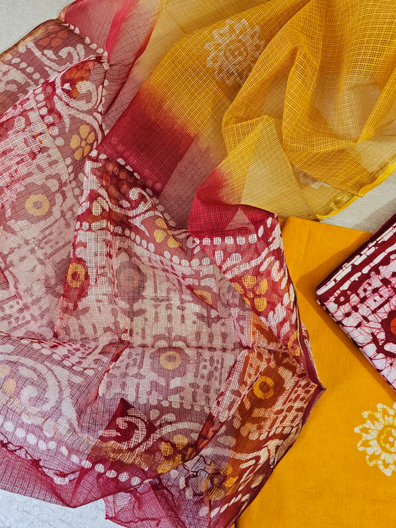 Cotton Hand Block Printed Unstitched Suit - Red with Mango Yellow