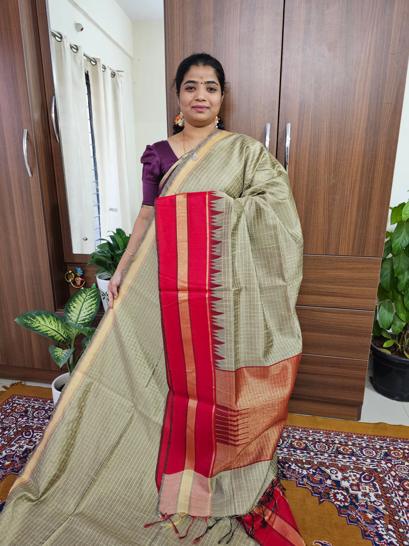 Semi Raw Silk Saree - Beige with Red