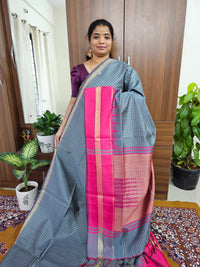 Semi Raw Silk Saree - Grey with Pink