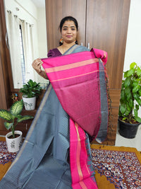 Semi Raw Silk Saree - Grey with Pink