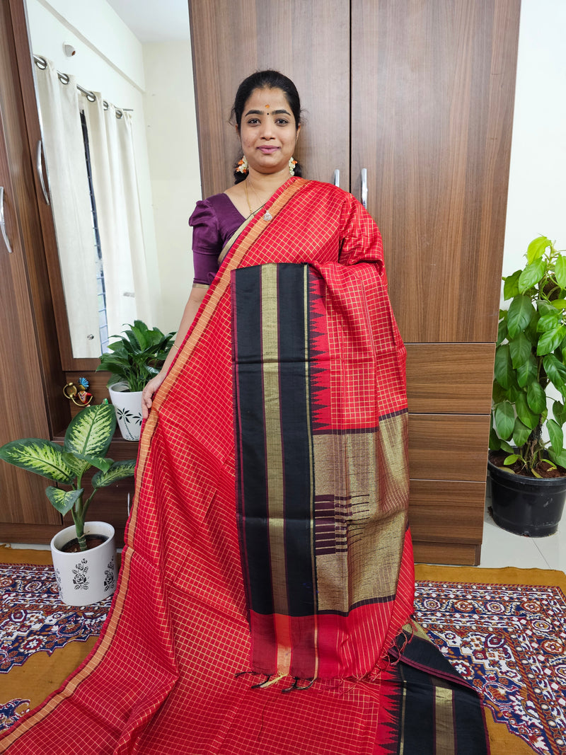 Semi Raw Silk Saree - Red with Black