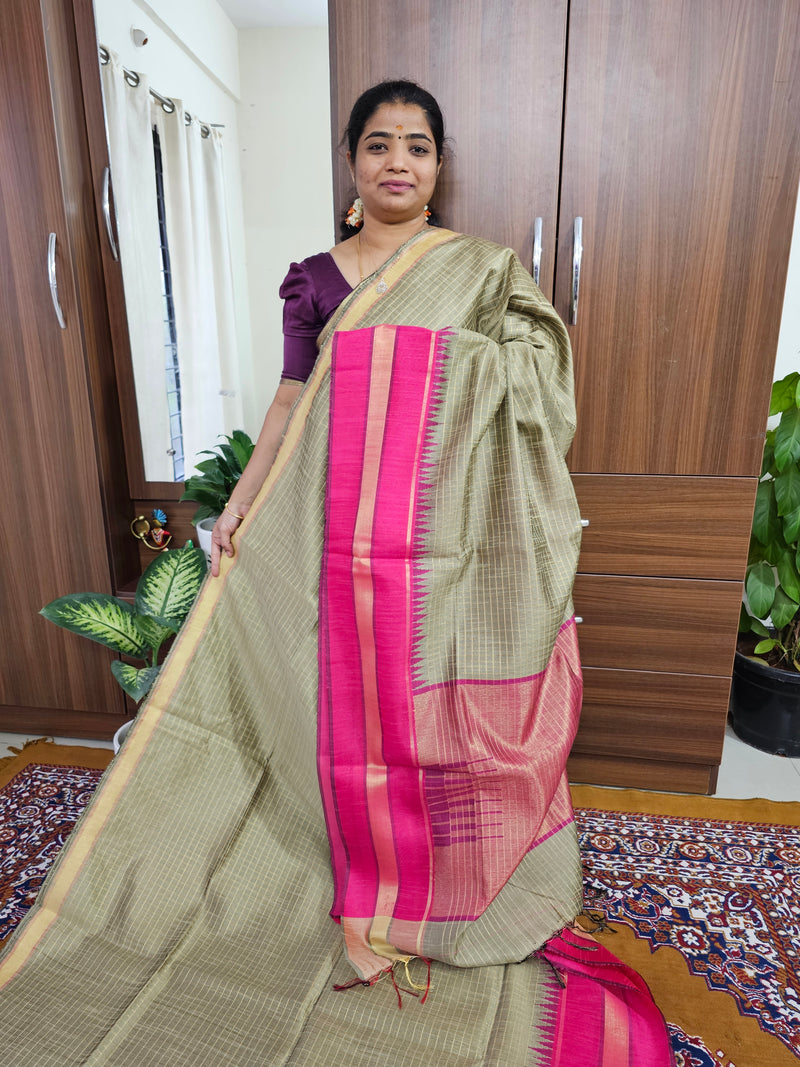 Semi Raw Silk Saree - Beige with Pink