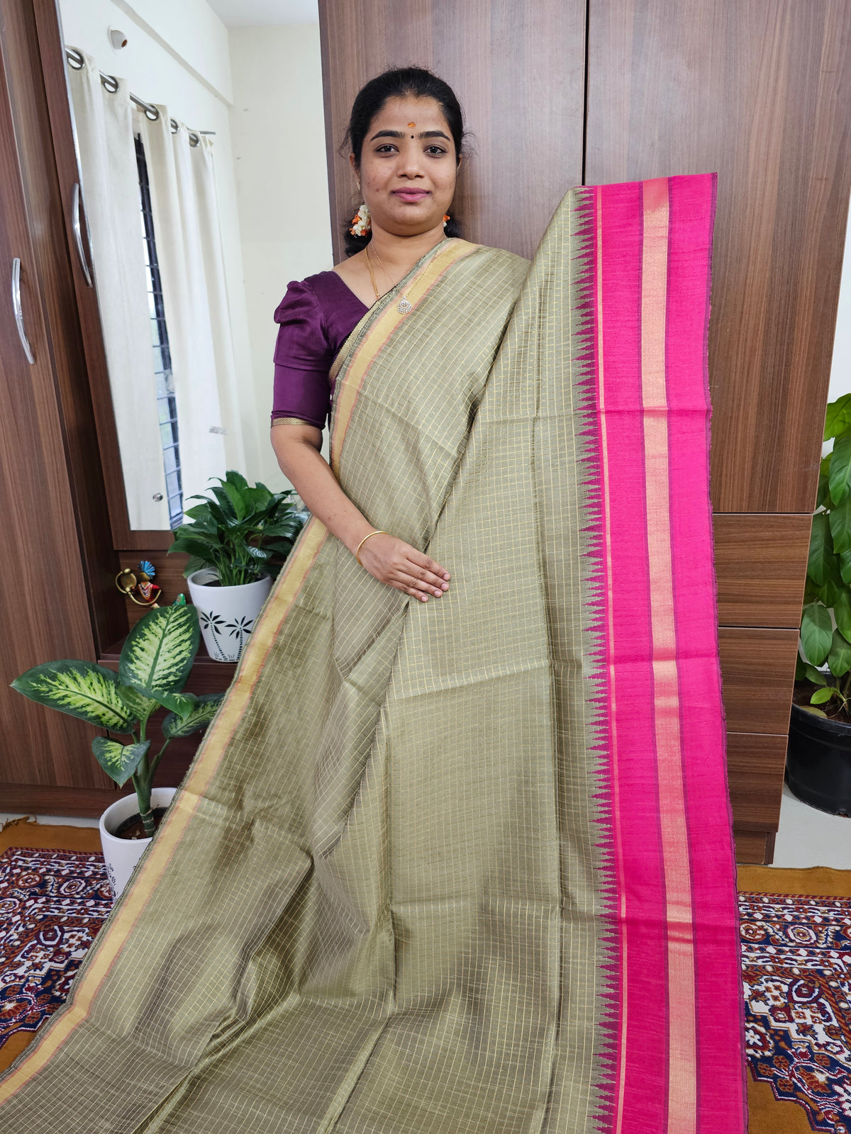 Semi Raw Silk Saree - Beige with Pink