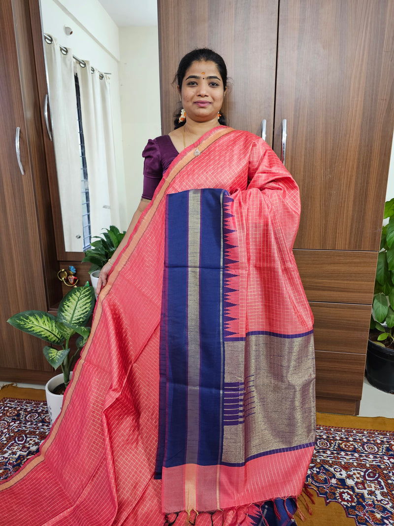 Semi Raw Silk Saree - Peach with Navy Blue