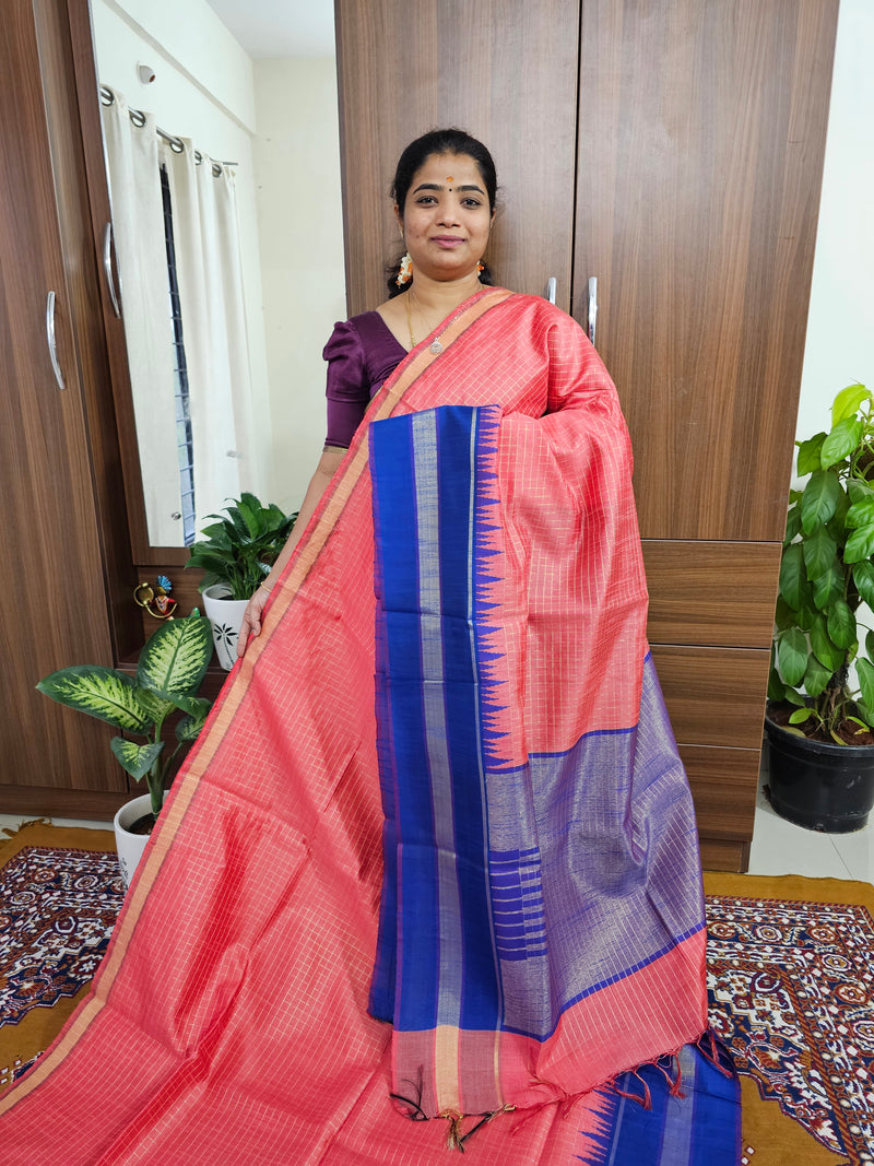 Semi Raw Silk Saree - Peach with Blue