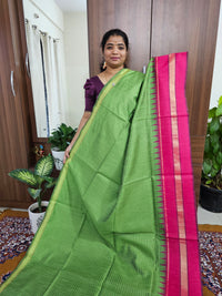 Semi Raw Silk Saree - Green with Pink