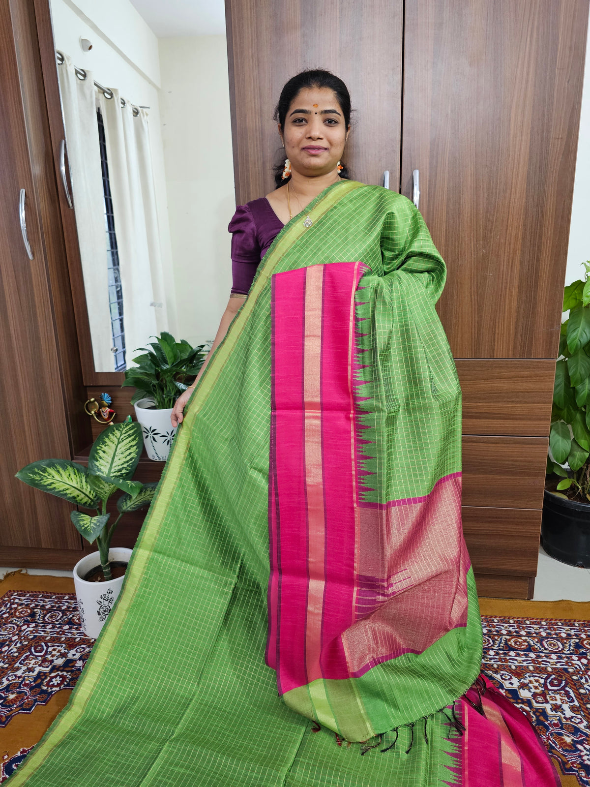 Semi Raw Silk Saree - Green with Pink