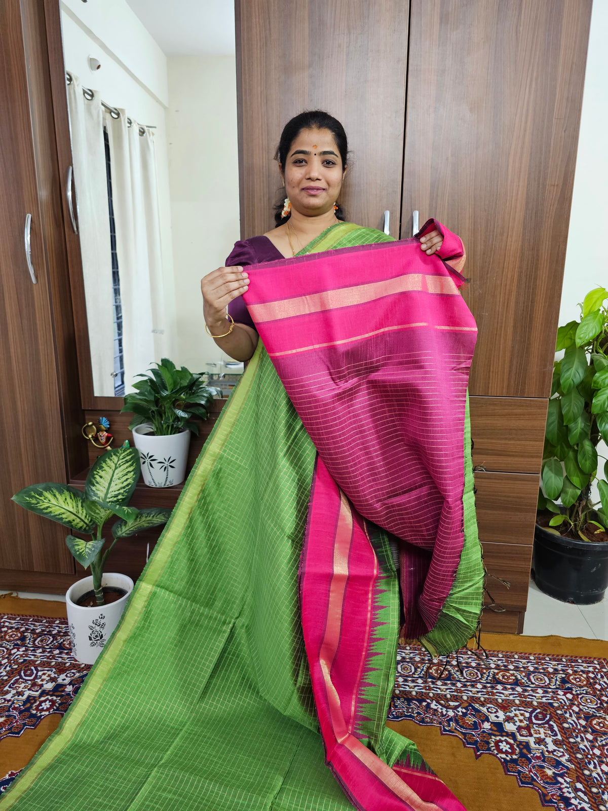 Semi Raw Silk Saree - Green with Pink