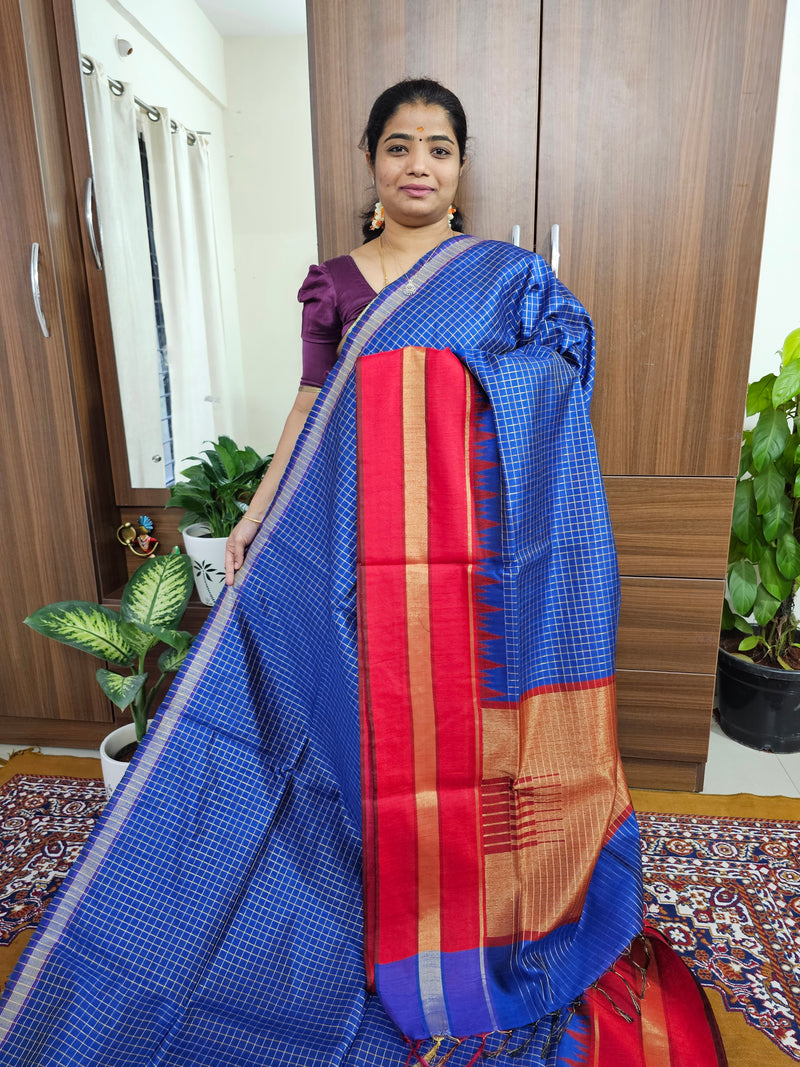 Semi Raw Silk Saree - Blue with Red