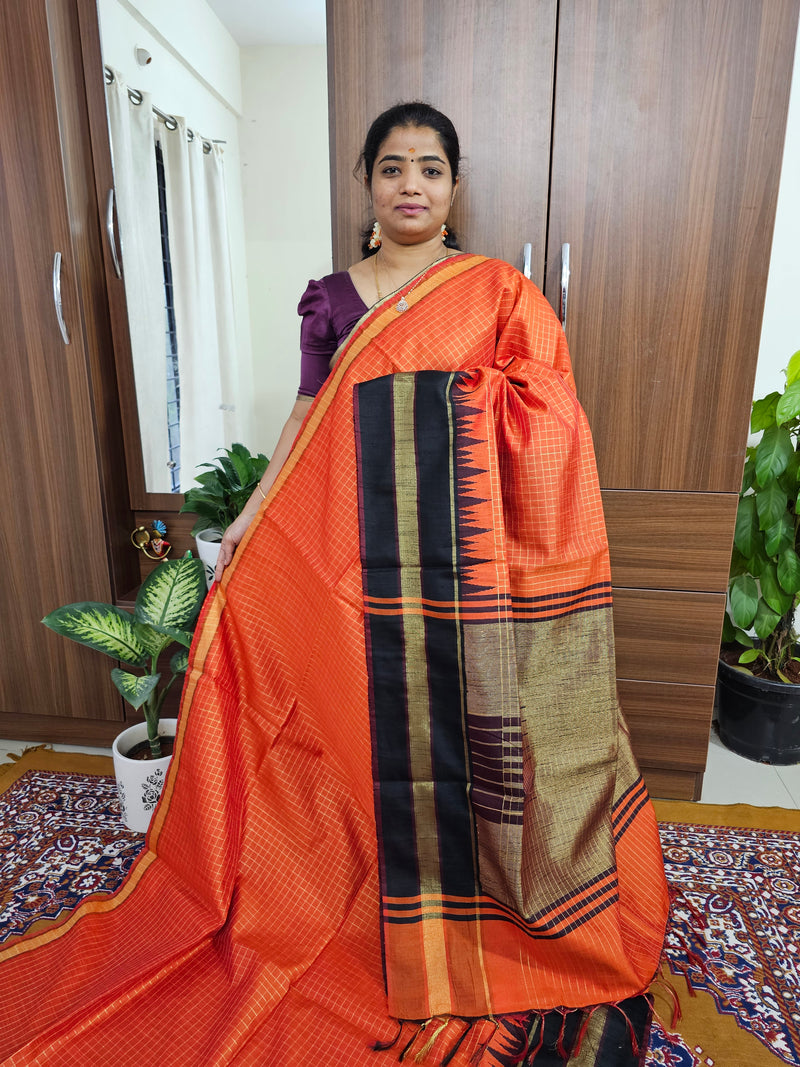 Semi Raw Silk Saree - Orange with Black