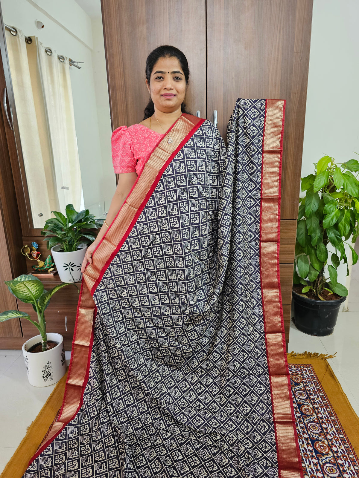 Semi Moonga Silk Saree - Dark Purple with Red