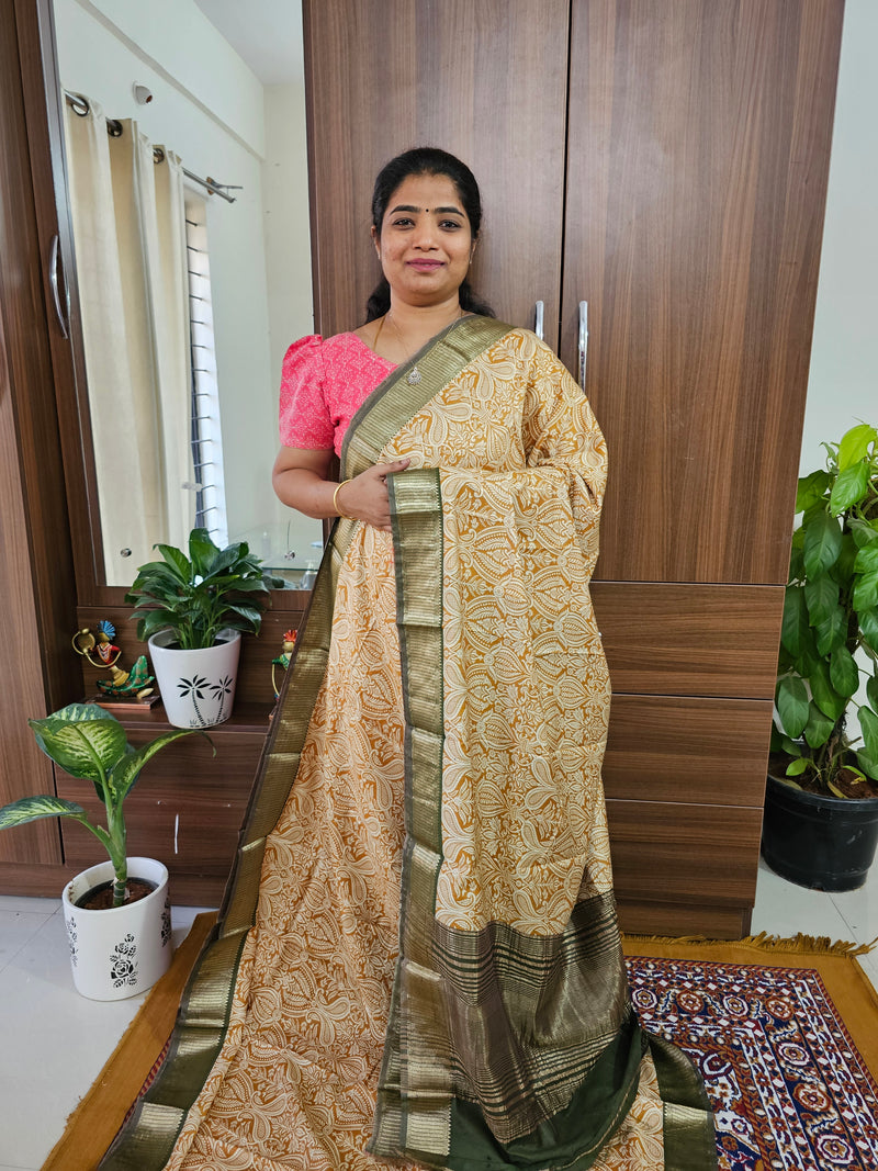 Semi Moonga Silk Saree - Yellow  with Green