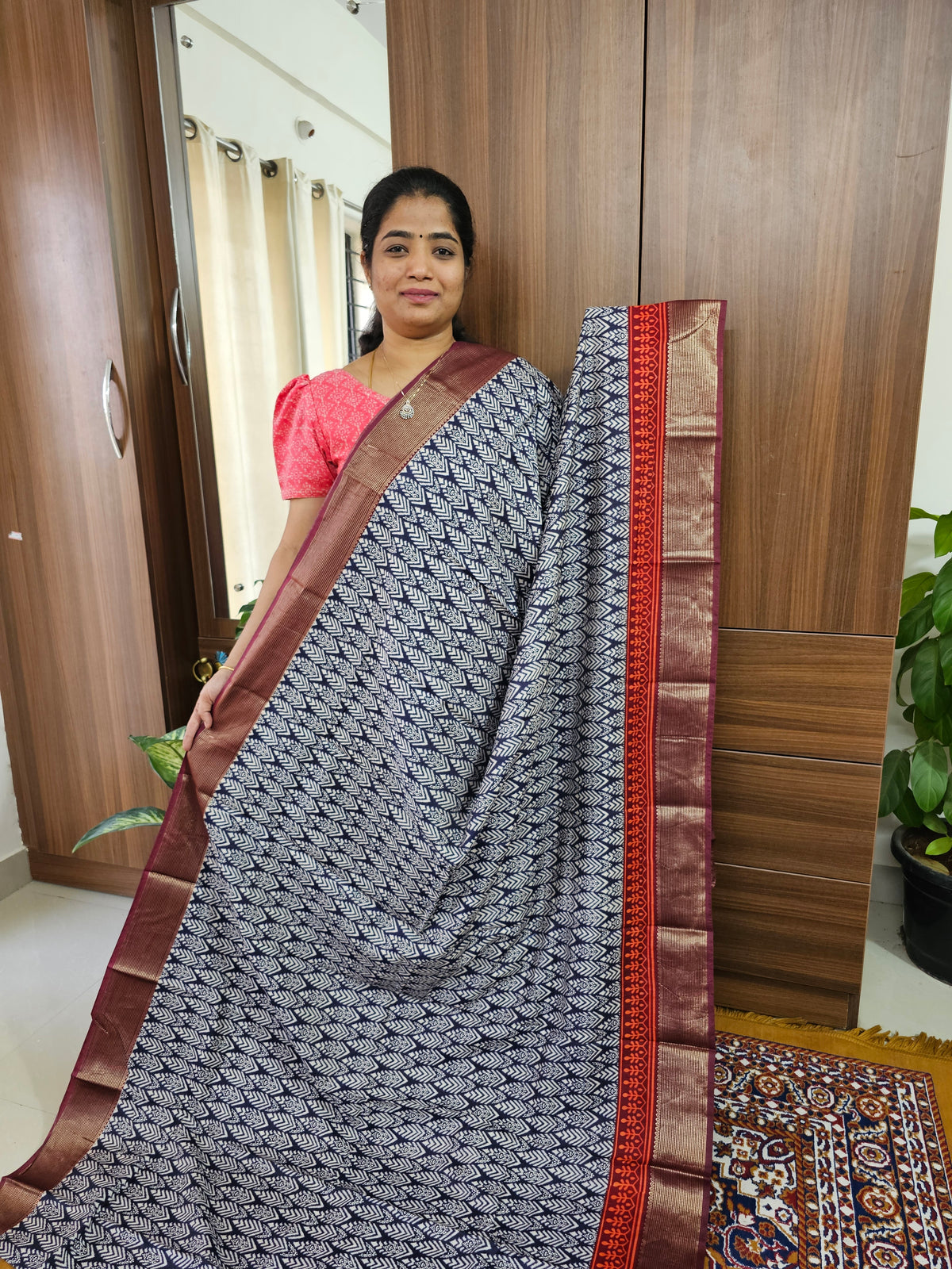 Semi Moonga Silk Saree - Blue with Marron