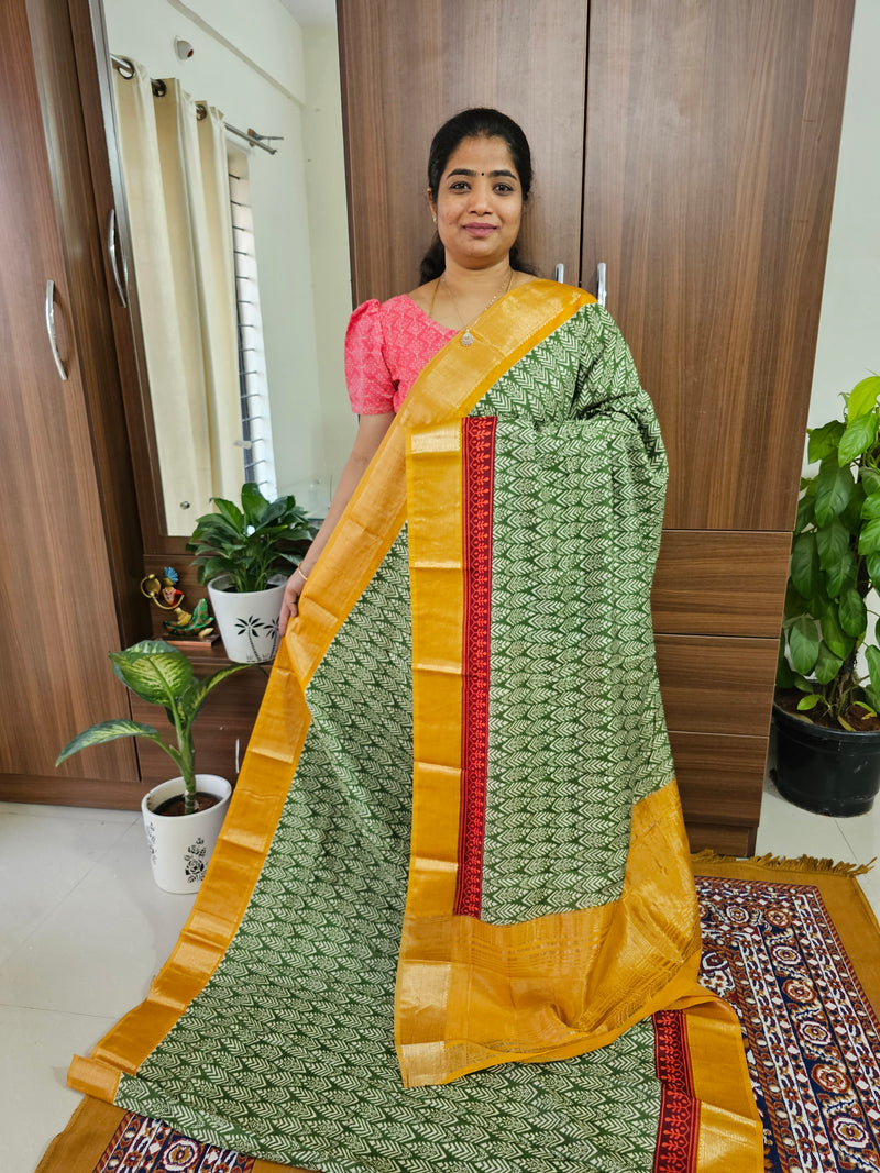 Semi Moonga Silk Saree - Green with Yellow