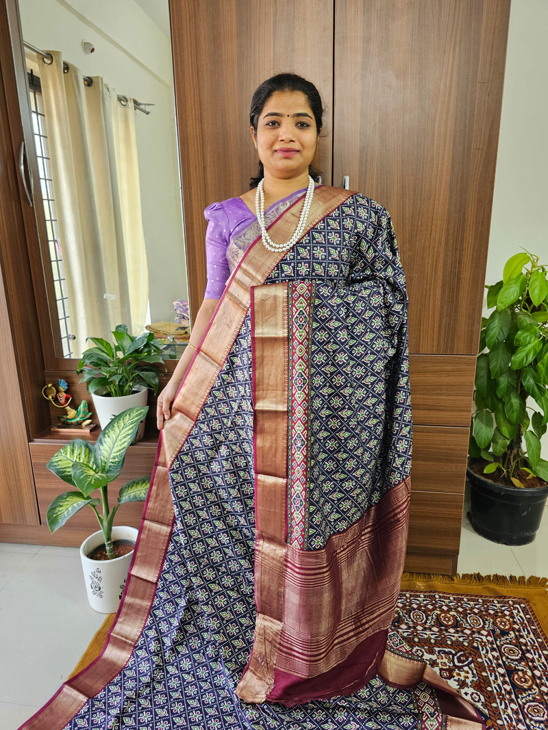 Semi Moonga Silk Saree - Blue with Maroon