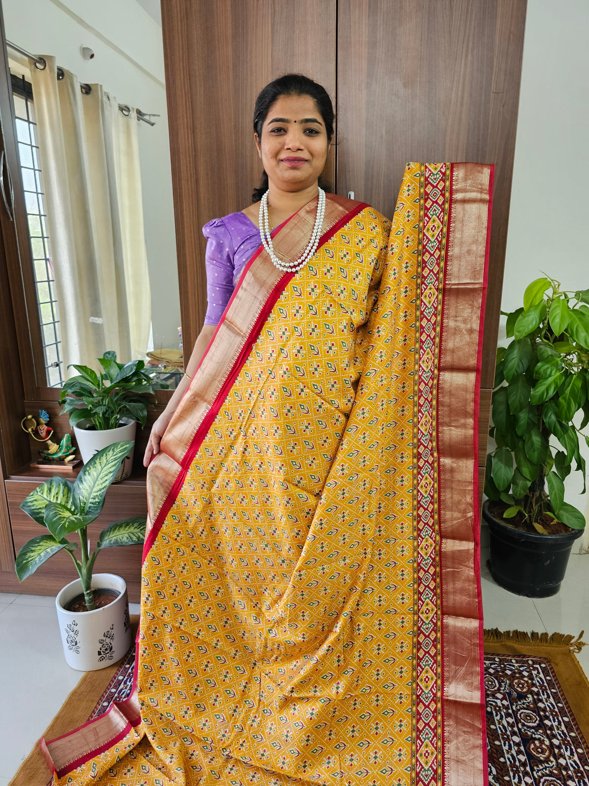 Semi Moonga Silk Saree - Yellow with Red