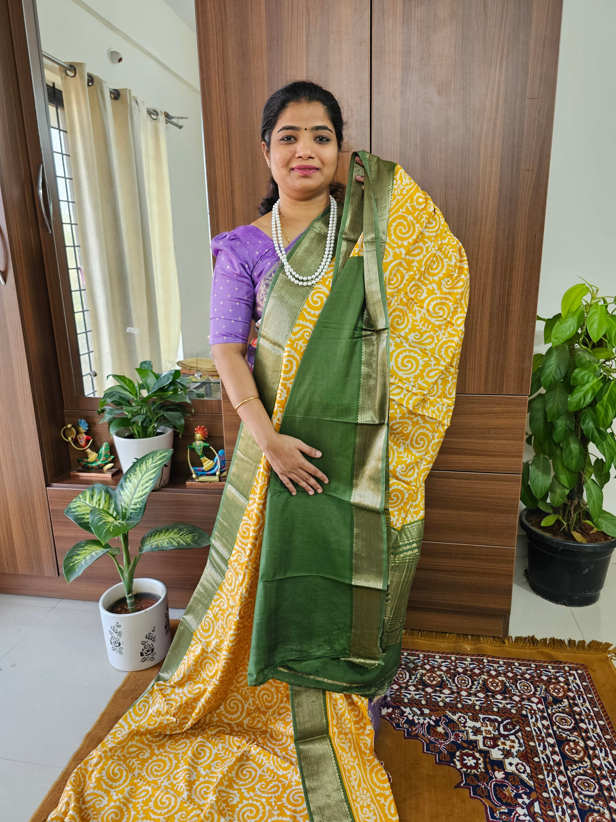 Semi Moonga Silk Saree - Yellow with Green