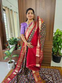 Semi Moonga Silk Saree - Black with Red