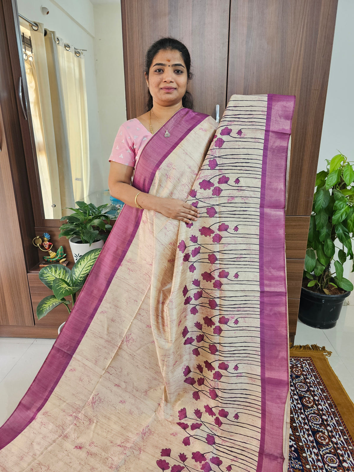 Semi Ghicha Floral Printed Saree -Purple