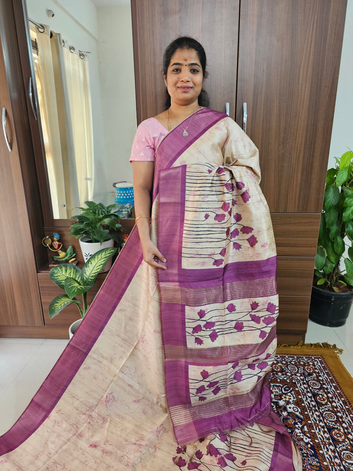 Semi Ghicha Floral Printed Saree -Purple