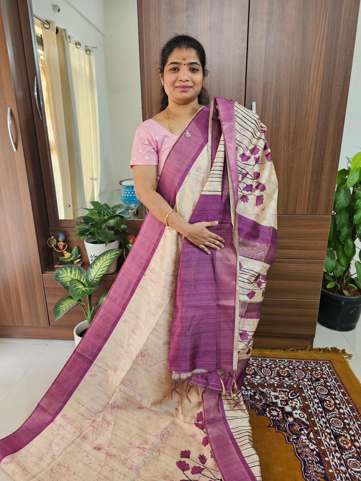 Semi Ghicha Floral Printed Saree -Purple