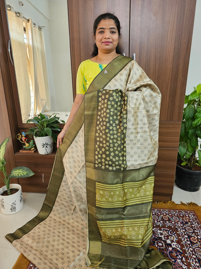 Semi Ghicha Digital Printed Saree - Cream with Green