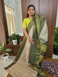 Semi Ghicha Digital Printed Saree - Cream with Green