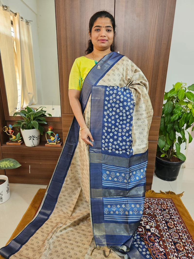 Semi Ghicha Digital Printed Saree - Cream with Blue