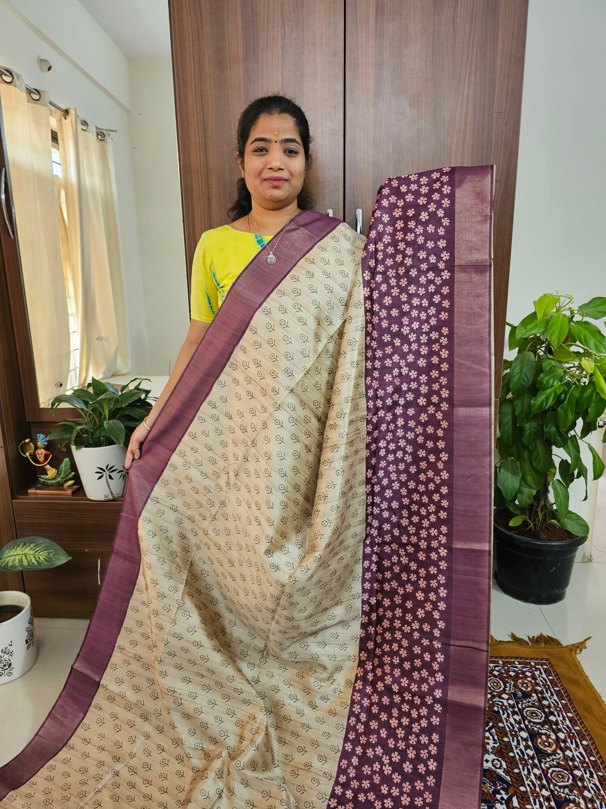 Semi Ghicha Digital Printed Saree - Cream with Purple